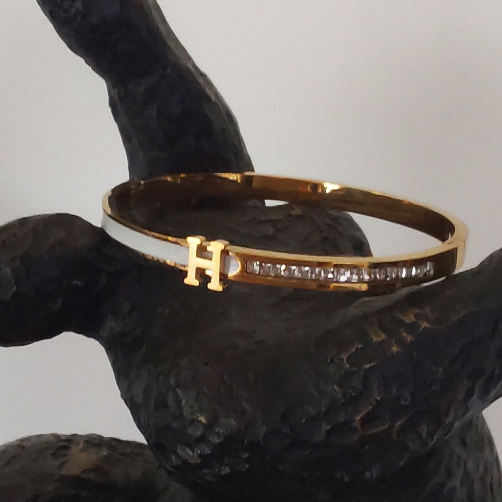 WHITE LACQUERED and GOLD LETTER "H" CRYSTAL BANGLE BRACELET